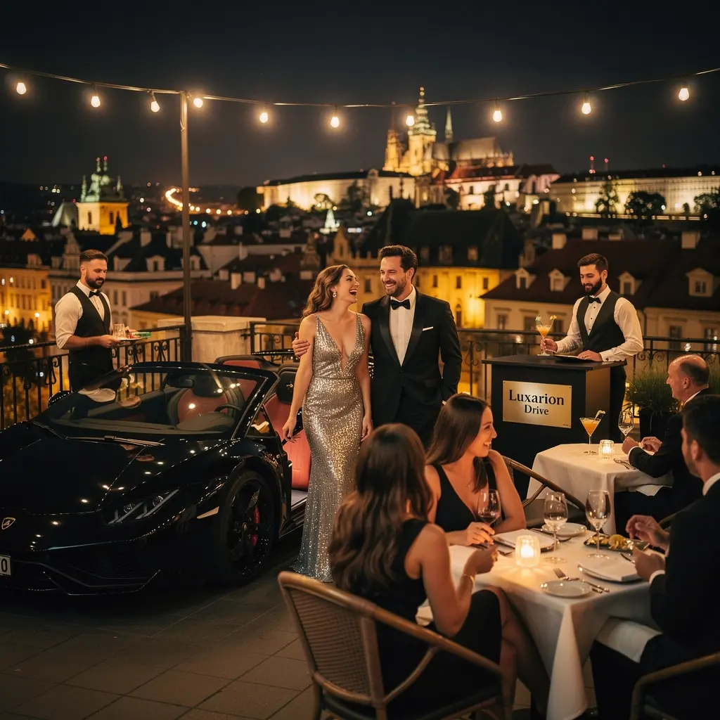 Zaměstnanec concierge služby vítá zákazníka s klíči od luxusního vozu.