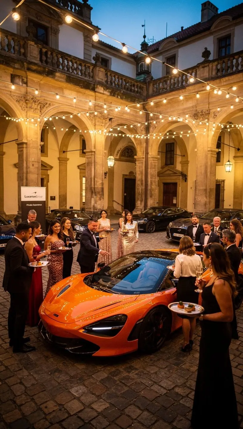 Snímek elegantního vozu s rozsvícenými světlomety v noci.