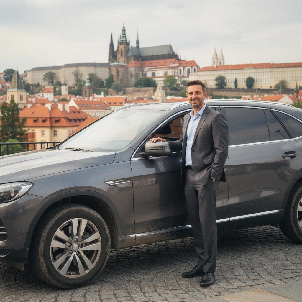 Hosté si užívají jízdu v luxusním kabrioletu na malebné pražské ulici.